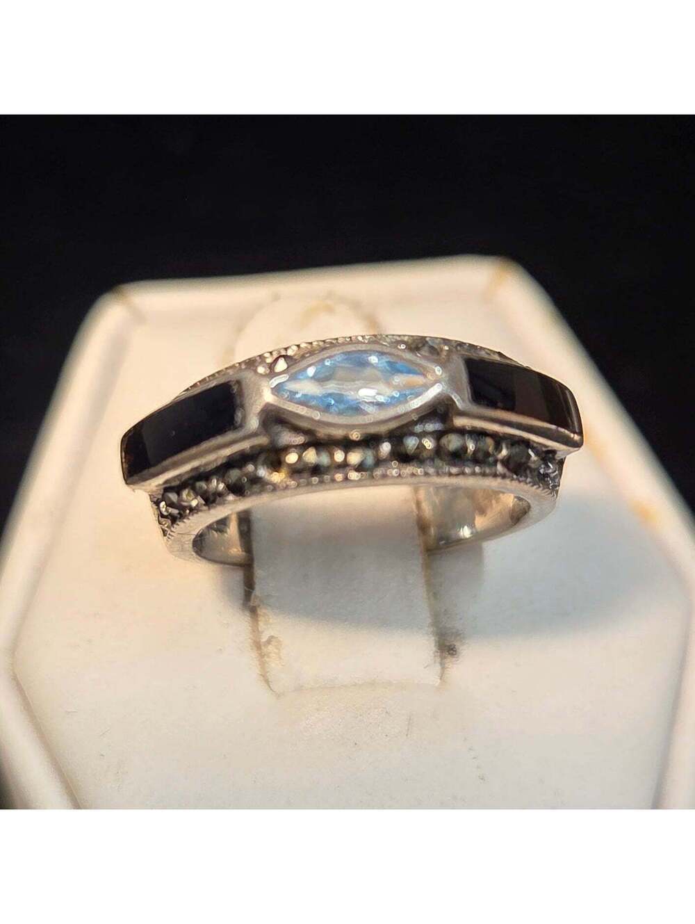 Stylish Blue, Black, and Marcasite Stone Ring Sterling Silver